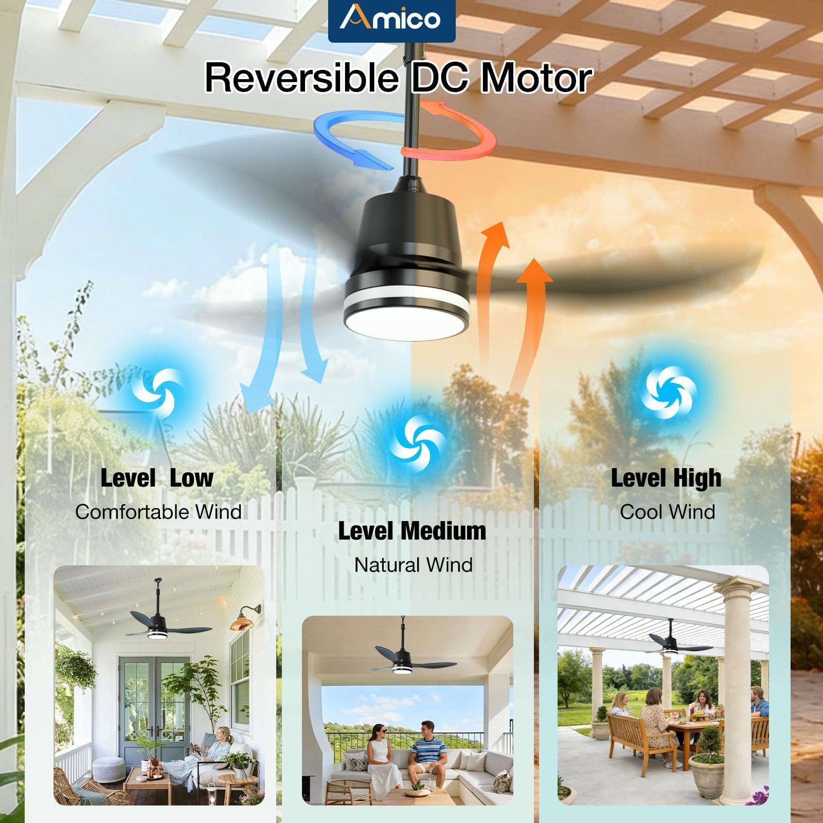 Amico ventilador en pérgola creando ambiente fresco y confortable