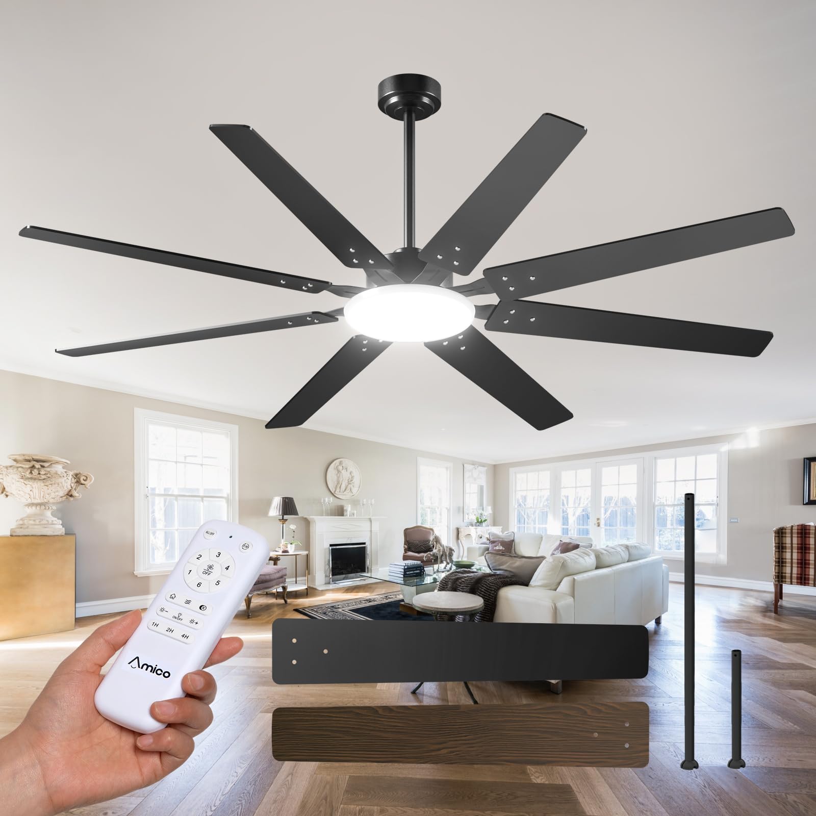Amico ventilador 72" frontal mostrando diseño negro y nogal, mejora la estética