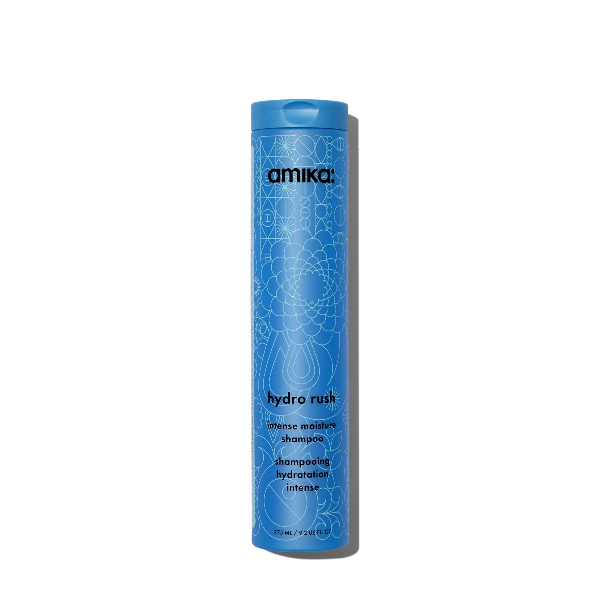 Amika botella frente del envase mostrando 275 ml y ventaja hidratación