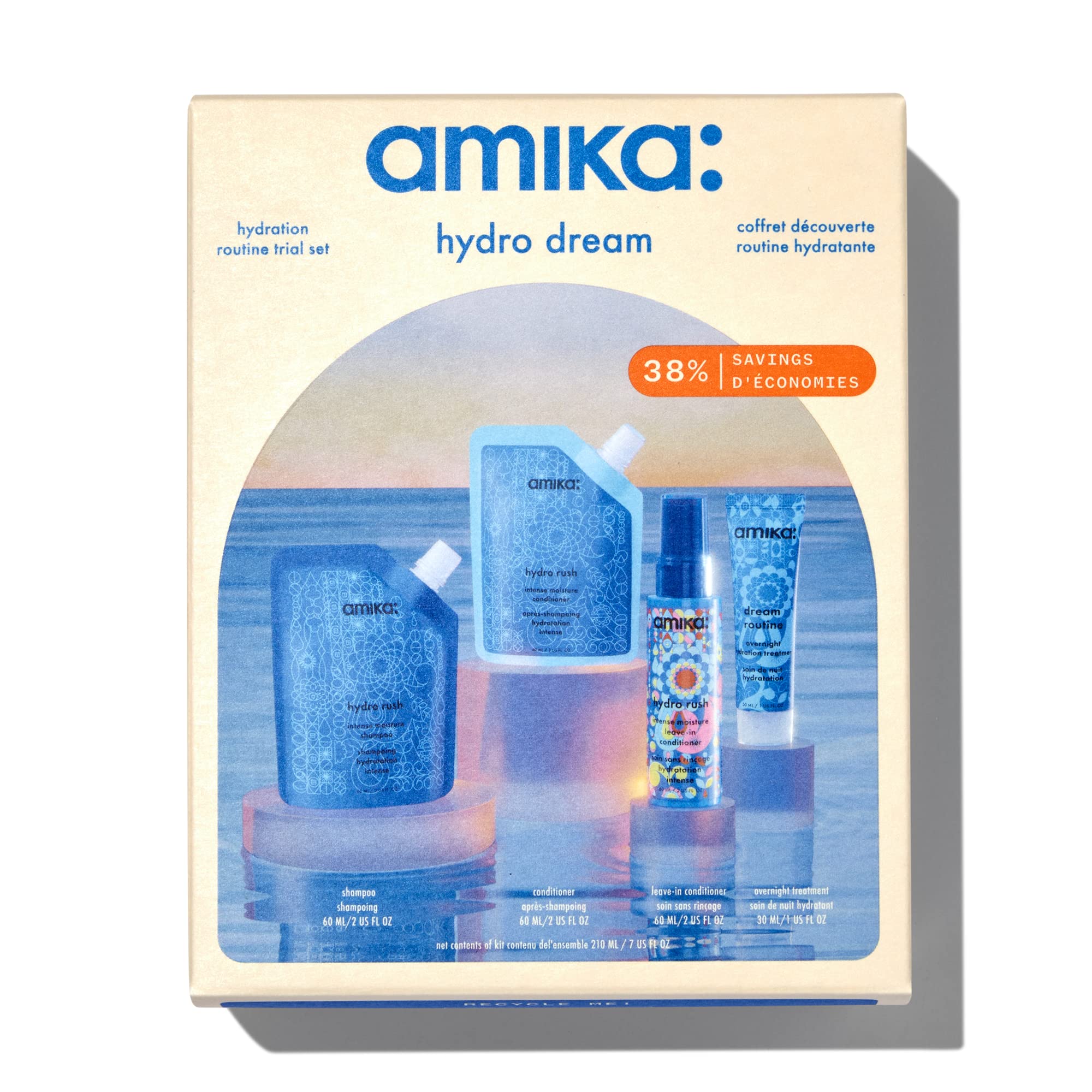 Amika presentación frontal del kit Hydro Dream con enfoque en viaje e hidratación