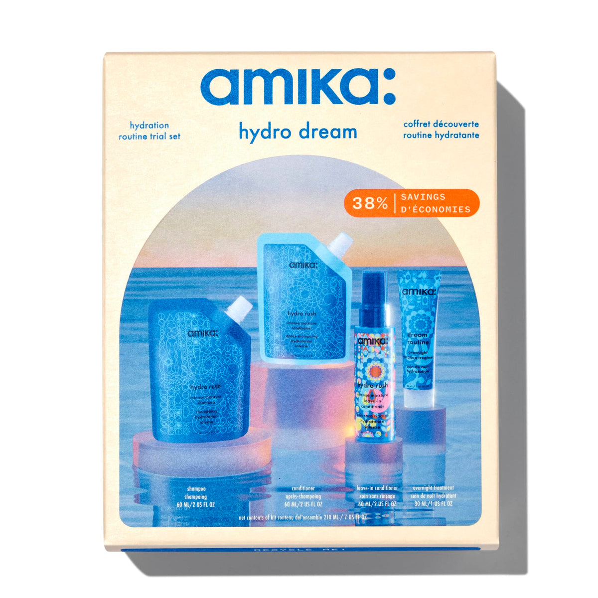 Amika presentación frontal del kit Hydro Dream con enfoque en viaje e hidratación