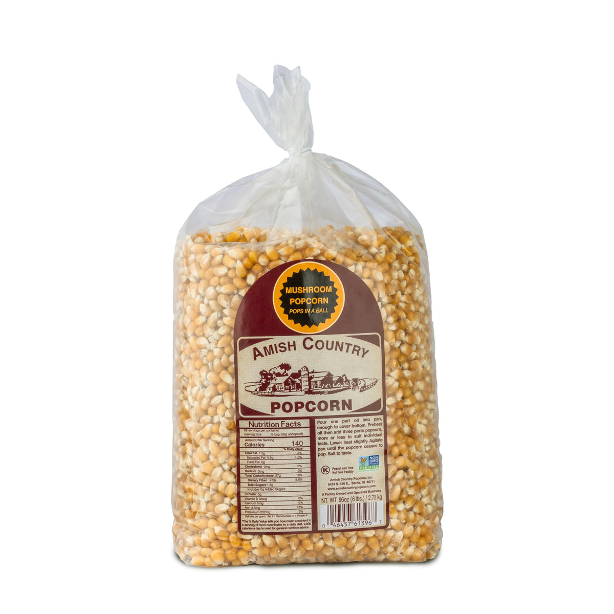 Amish Country Popcorn bolsa frontal mostrando marca y tamaño de 6 lb