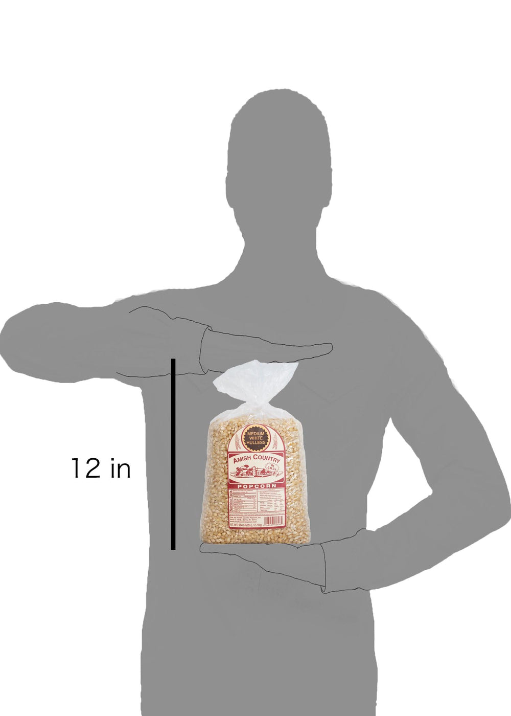 Amish Country Popcorn etiqueta Non-GMO y sin gluten destacando seguridad