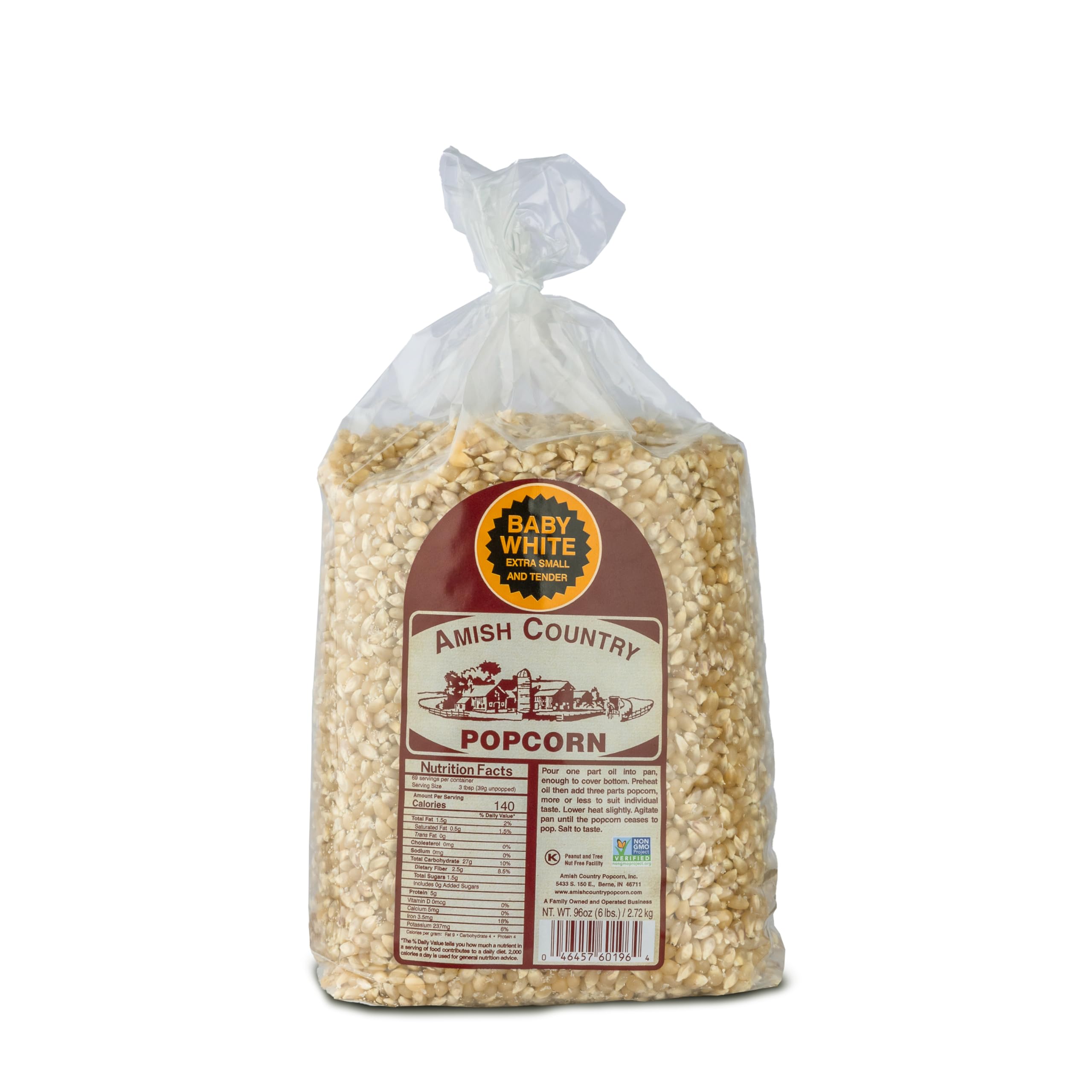 Amish Country Popcorn bolsa frontal mostrando 6 lb y aspecto limpio