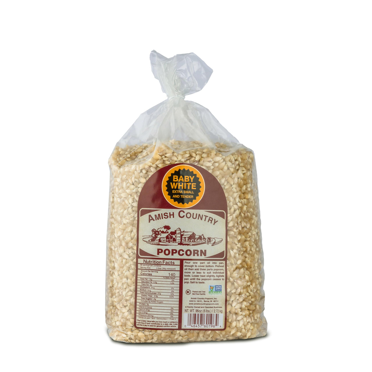 Amish Country Popcorn bolsa frontal mostrando 6 lb y aspecto limpio