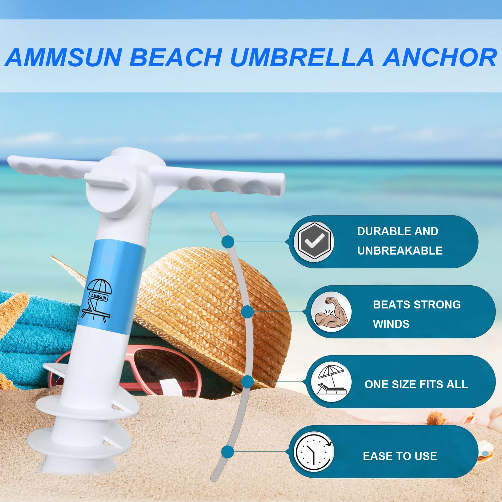 AMMSUN en uso en playa manteniendo sombrilla estable contra viento