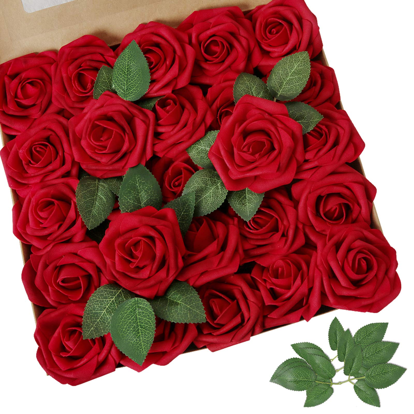 AmyHomie frente del paquete con 25 rosas rojo oscuro, ideal para decoración duradera
