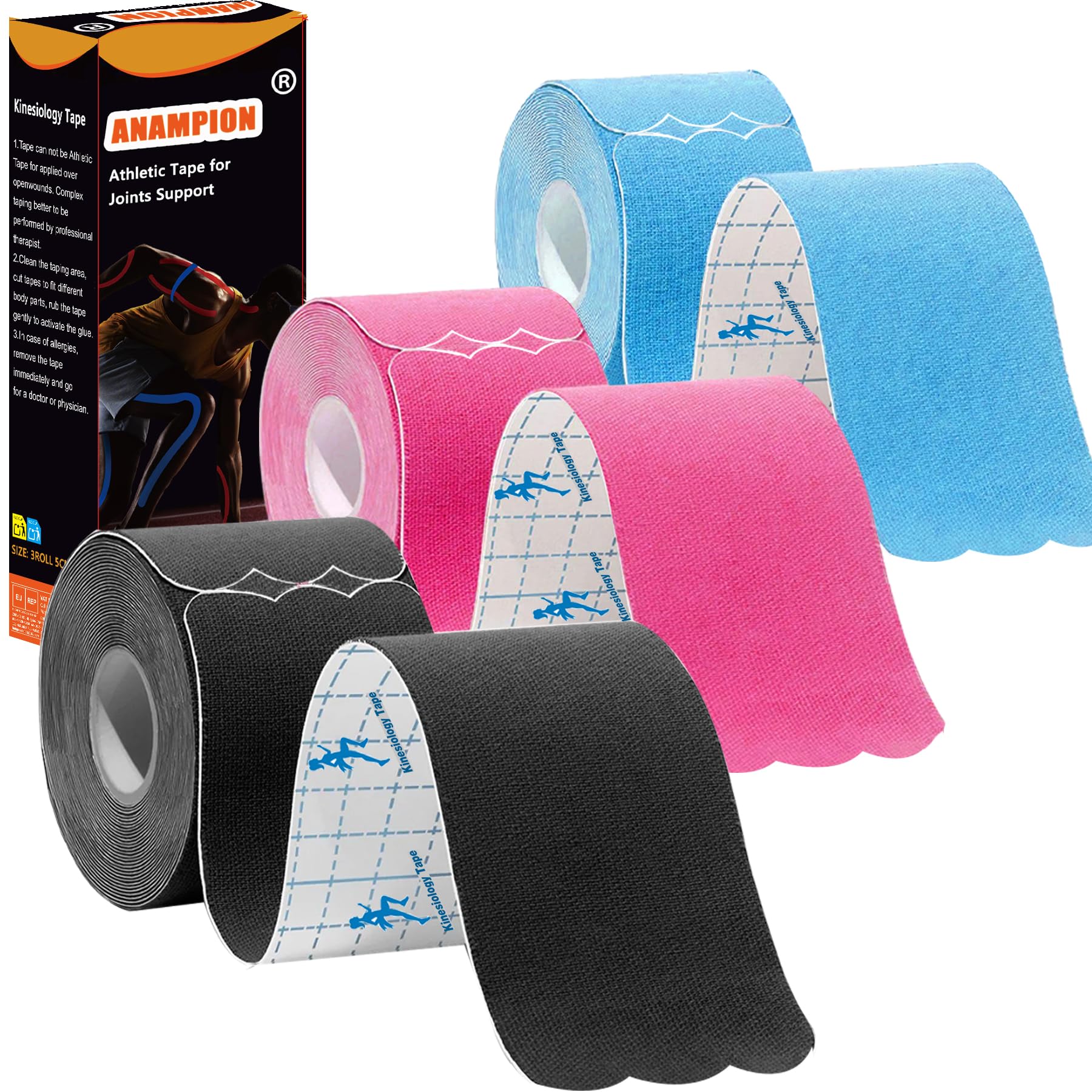 ANAMPION envase frontal mostrando 3 rollos y 60 tiras, conveniente y compacto