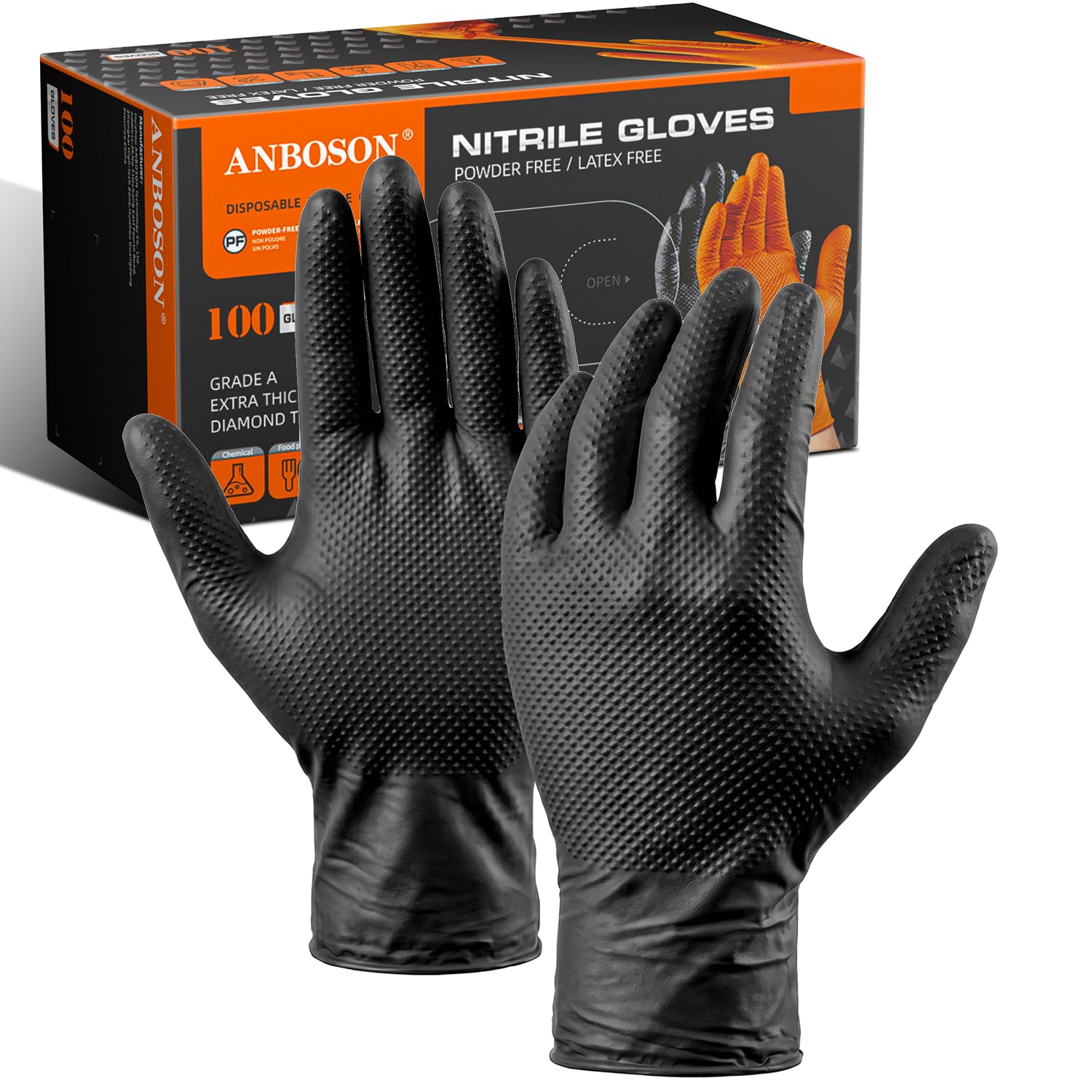 ANBOSON empaque frontal mostrando caja de 100 guantes, protección duradera