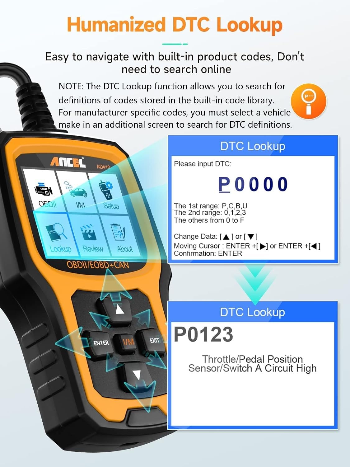 ANCEL AD410 pantalla con código de fallo y definición integrada