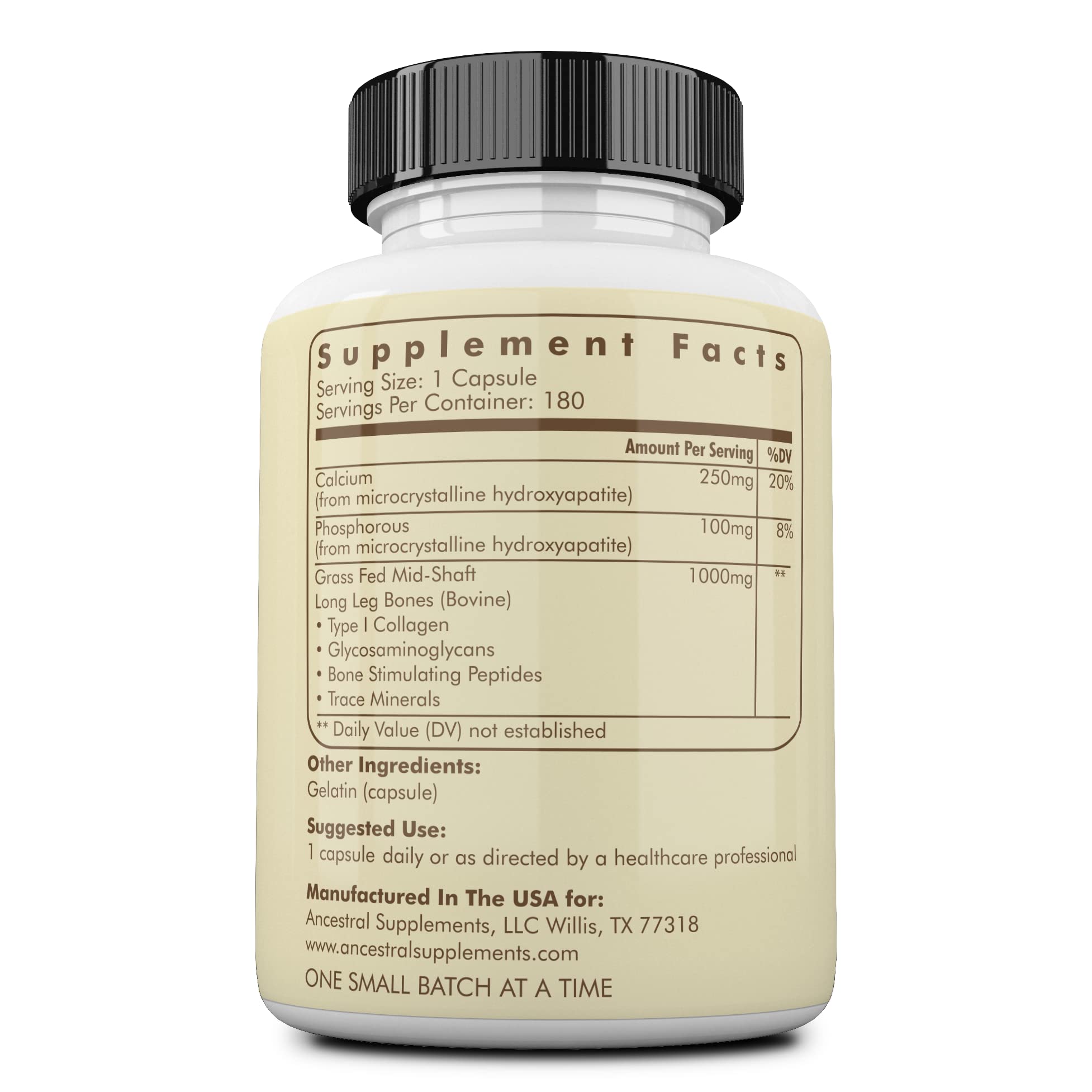 Ancestral Supplements detalle de cápsulas blancas para fácil ingestión y calidad