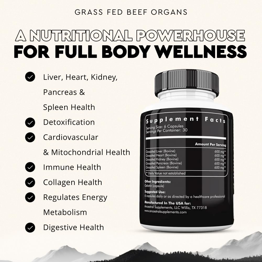 Ancestral Supplements porciones de hígado, corazón y riñón mostrando origen alimentado con pasto