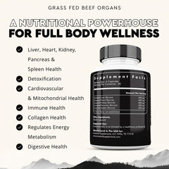 Ancestral Supplements porciones de hígado, corazón y riñón mostrando origen alimentado con pasto