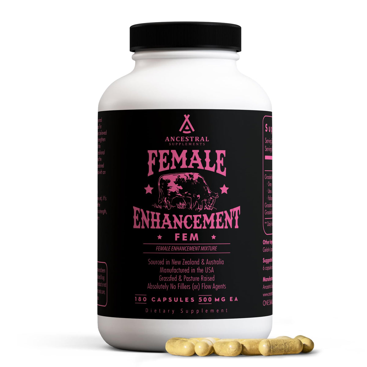 Ancestral Supplements envase frontal mostrando fórmula FEM y beneficios