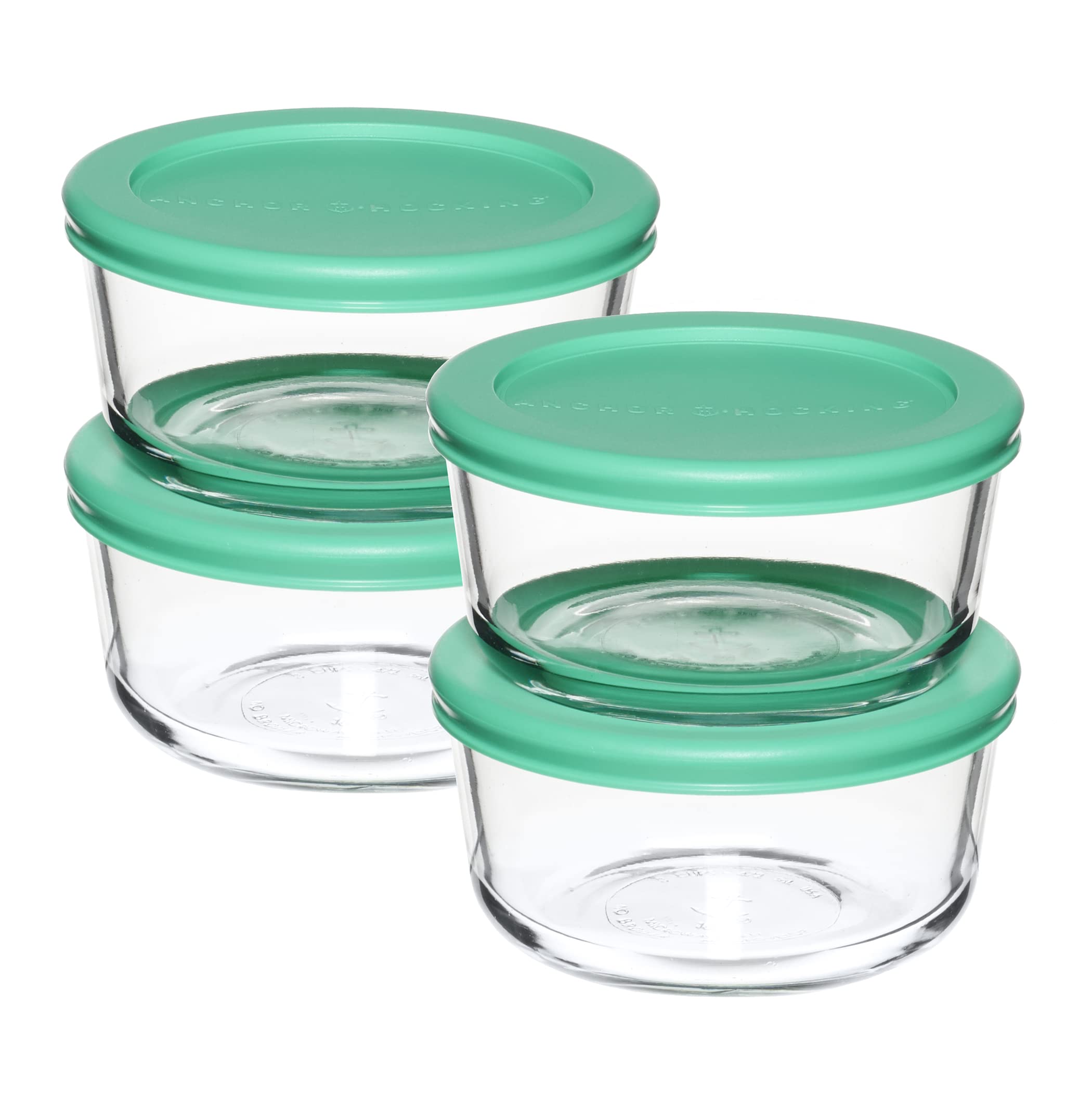 Anchor Hocking frente del set mostrando 4 recipientes y tapas mint, ahorro de espacio