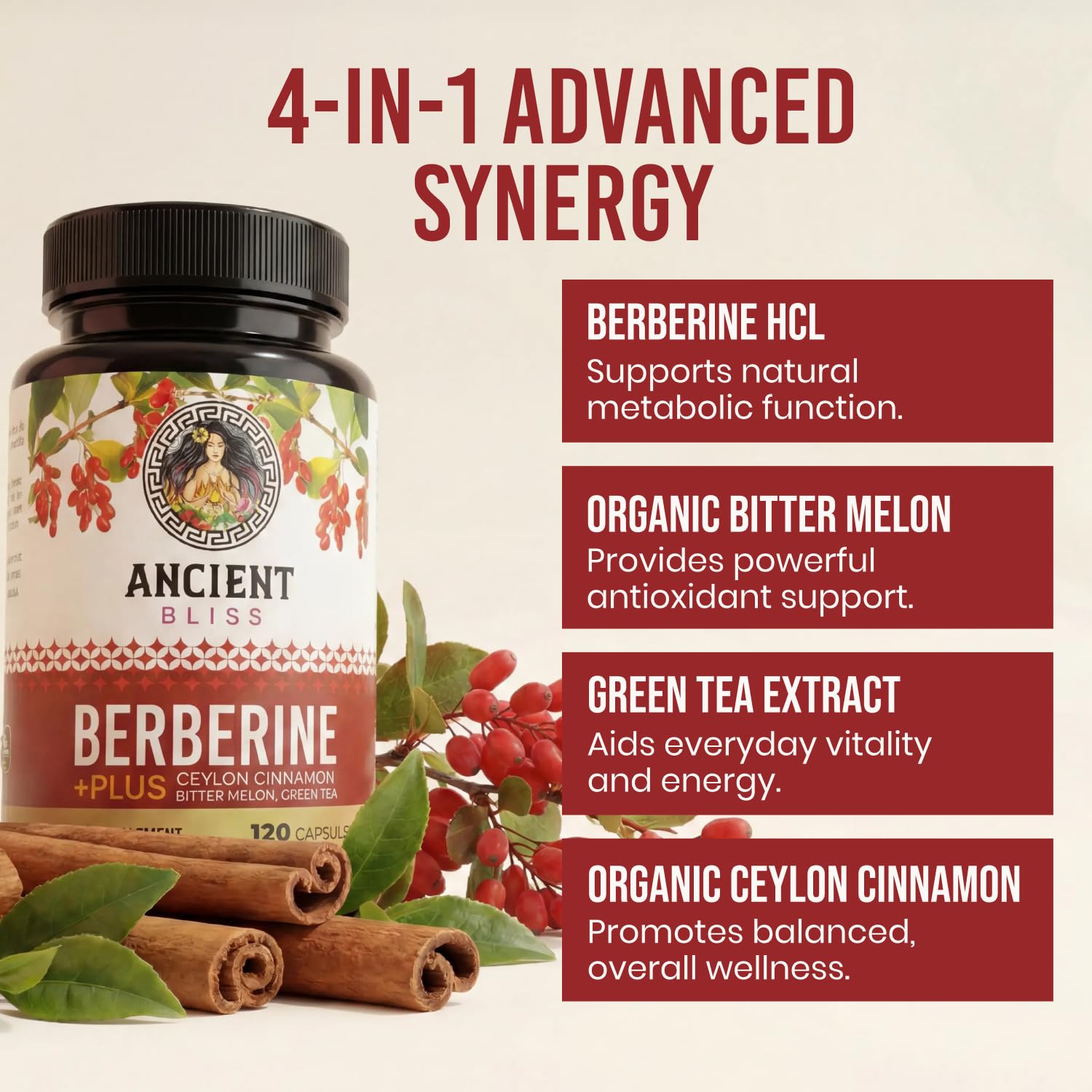 Ancient Bliss ingredientes naturales: canela de Ceilán y melón amargo como enfoque botánico