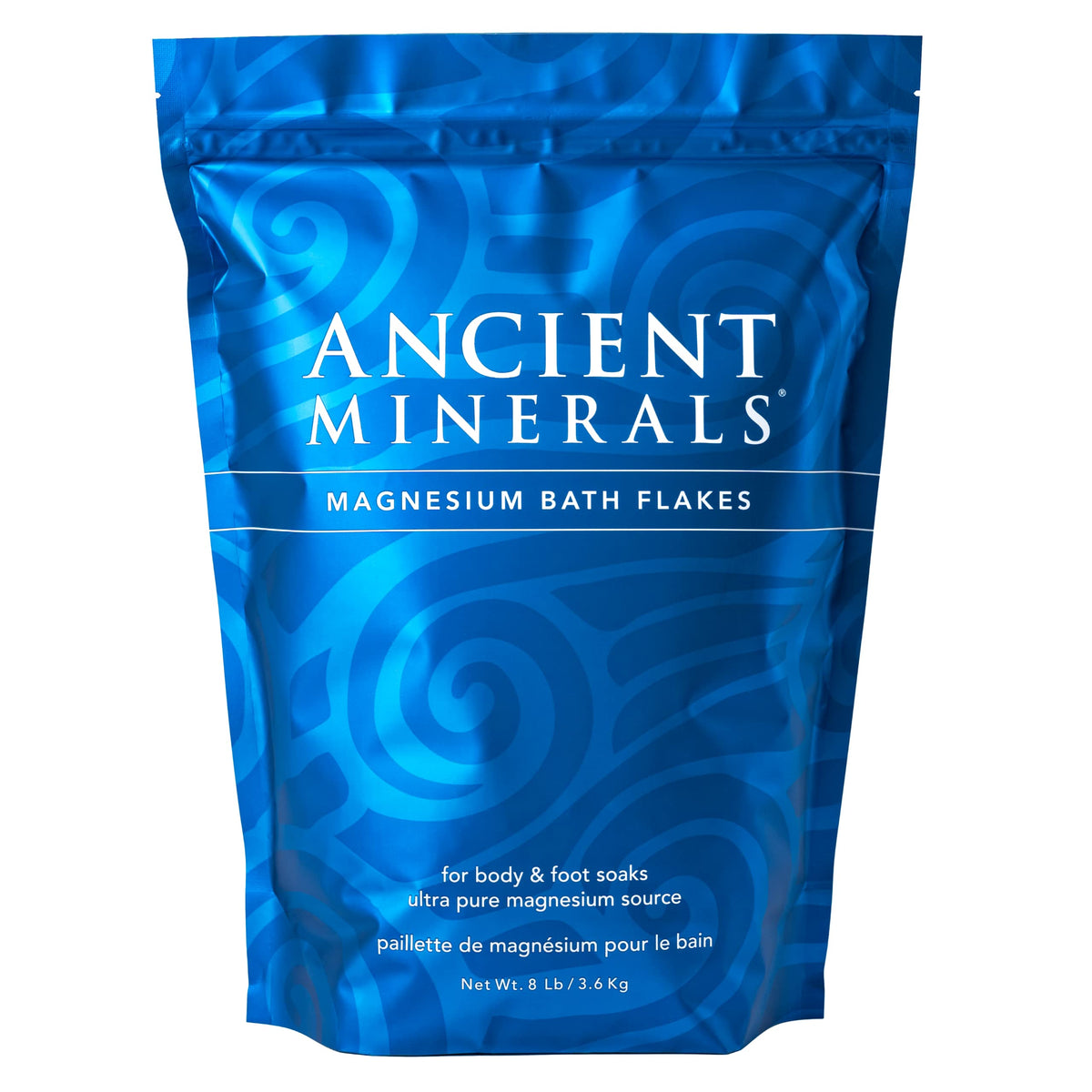 Ancient Minerals paquete frontal mostrando 8 lb y pureza