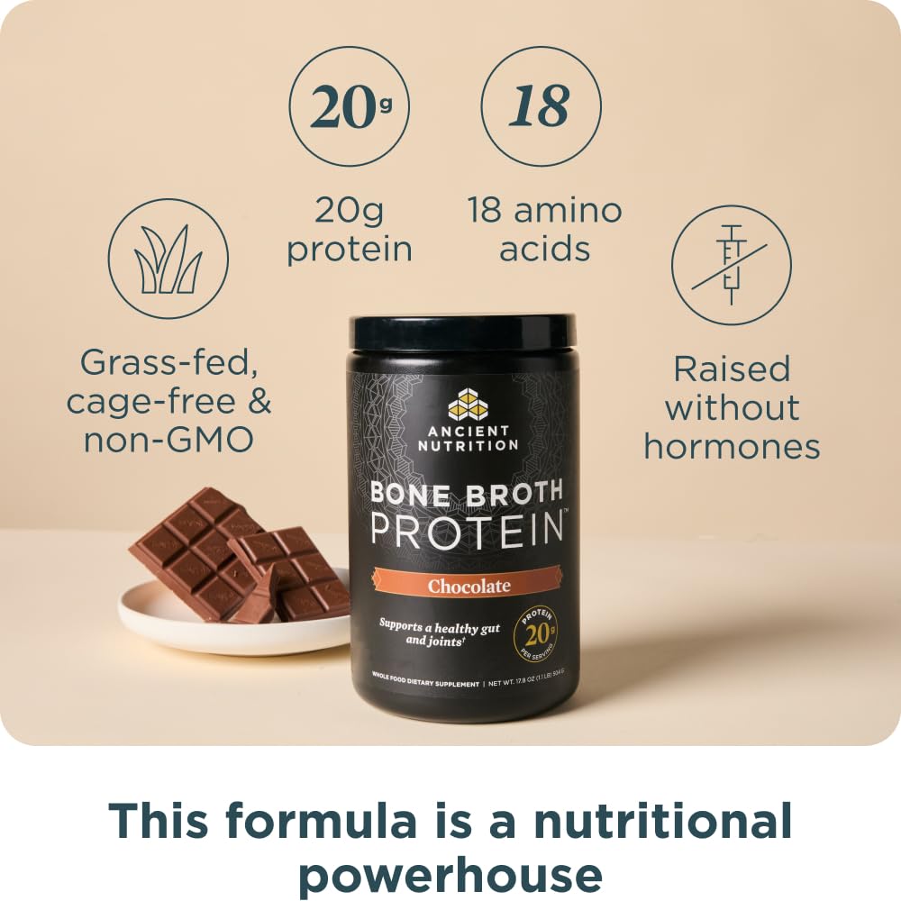Ancient Nutrition cucharada con polvo para medir 20 g proteína