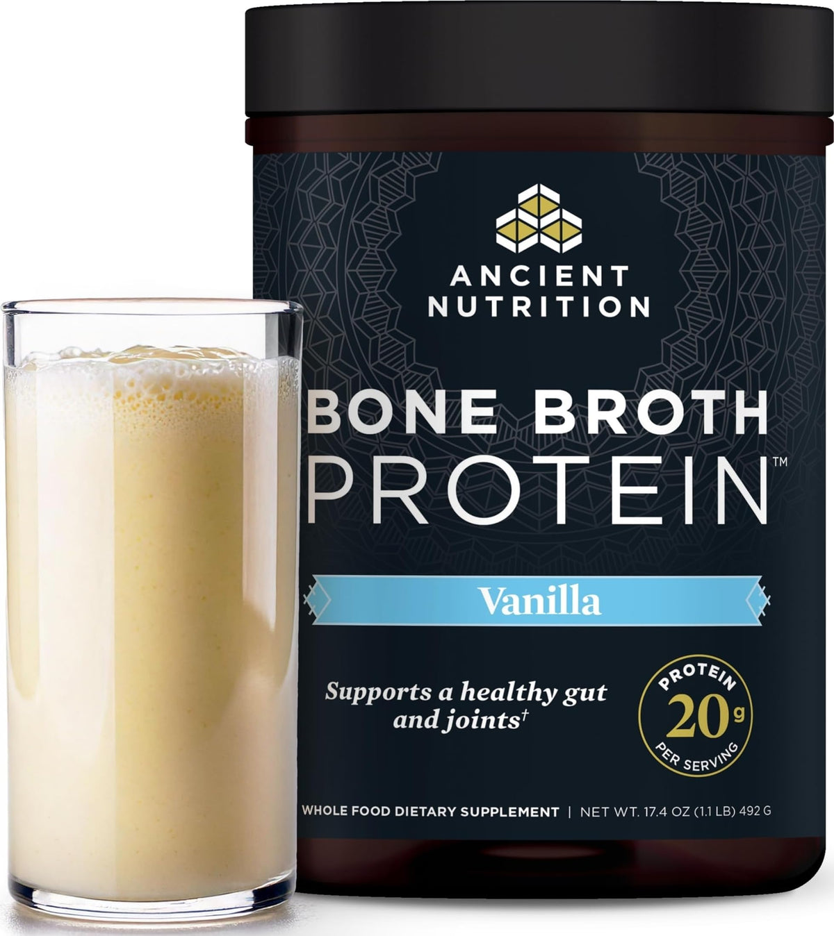 Ancient Nutrition frasco frontal con polvo vainilla, conveniencia inmediata