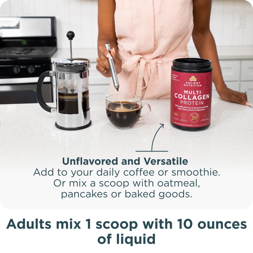 Ancient Nutrition vaso con batido mezclado sin grumos y aspecto cremoso