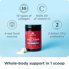Ancient Nutrition open tub with scoop demonstrating convenient daily serving and access