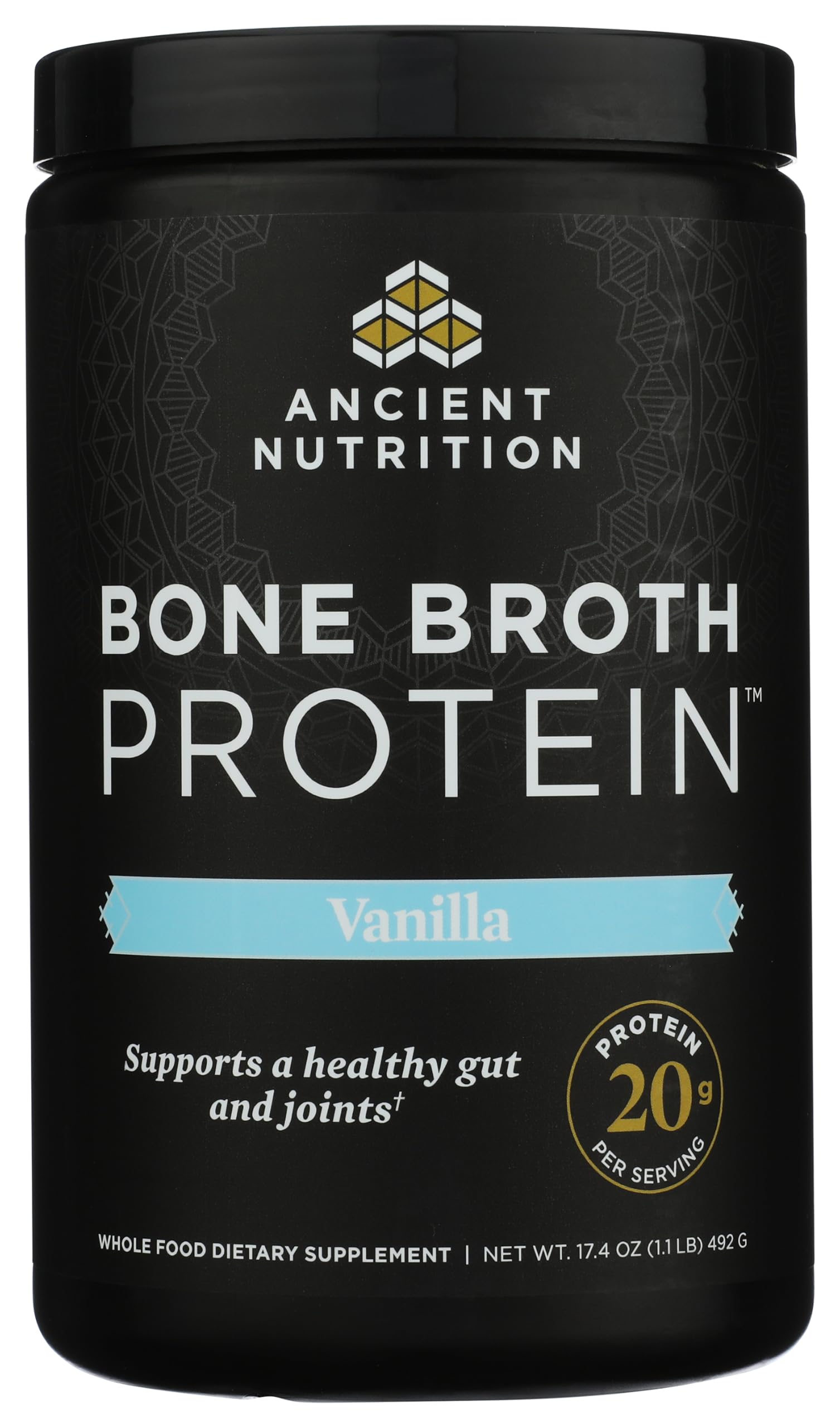 Ancient Nutrition vaso con batido de vainilla listo para beber, aporte proteico