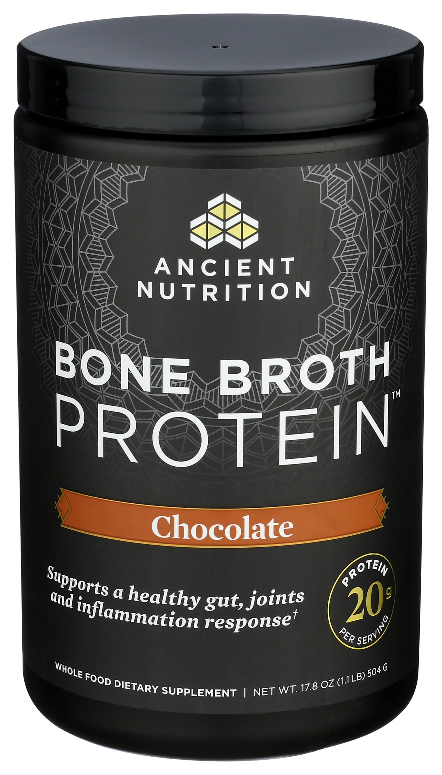 Ancient Nutrition vaso con bebida de chocolate listo para beber