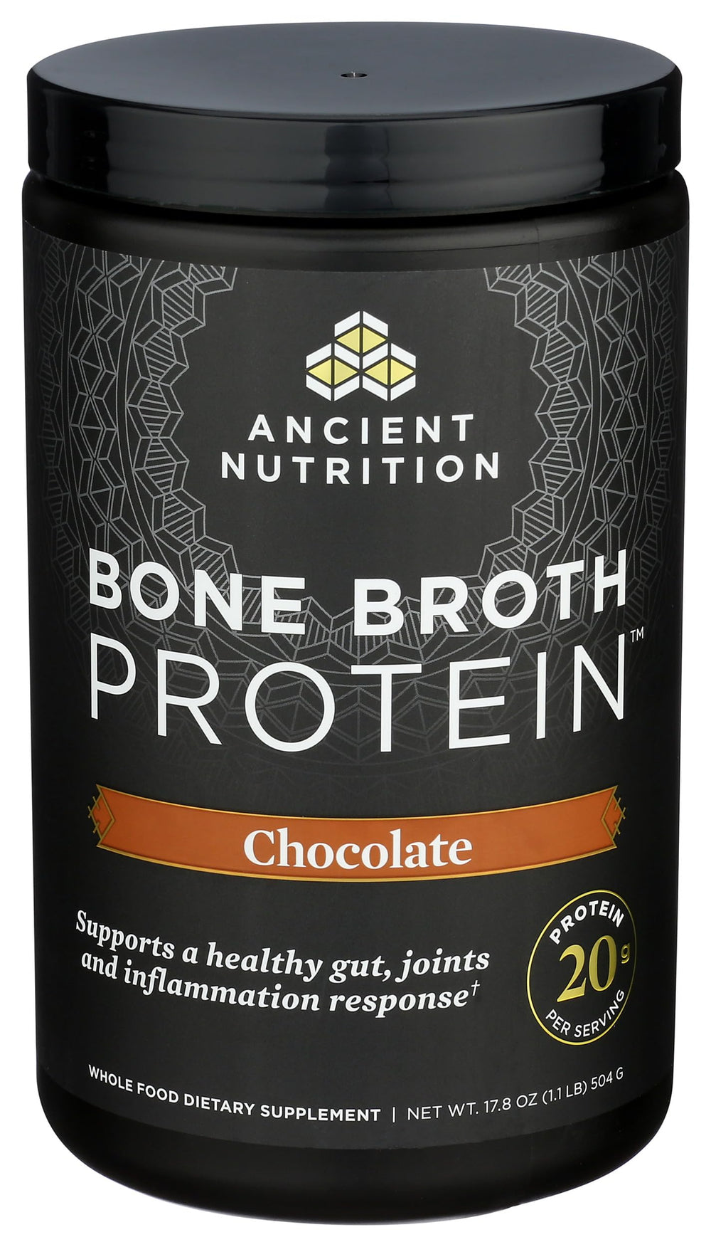 Ancient Nutrition vaso con bebida de chocolate listo para beber