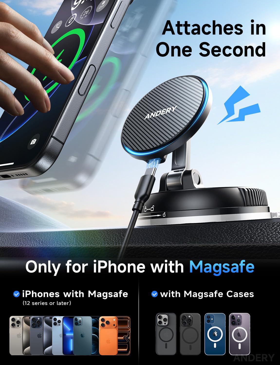 ANDERY comparación de tamaño junto a un iPhone Pro Max indicando capacidad de sujeción segura