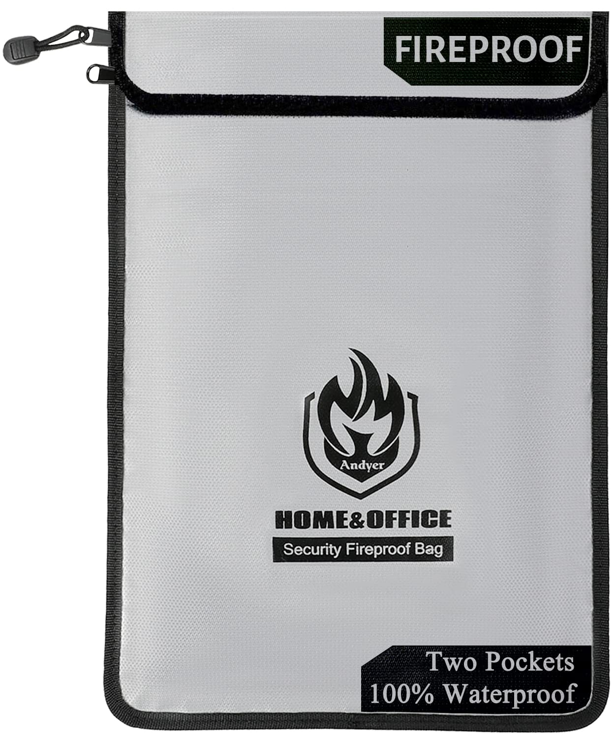 andyer vista frontal de la bolsa ignífuga protege documentos accesibles
