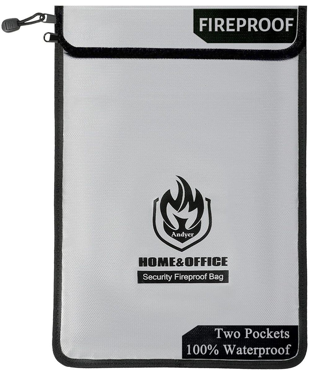 andyer vista frontal de la bolsa ignífuga protege documentos accesibles