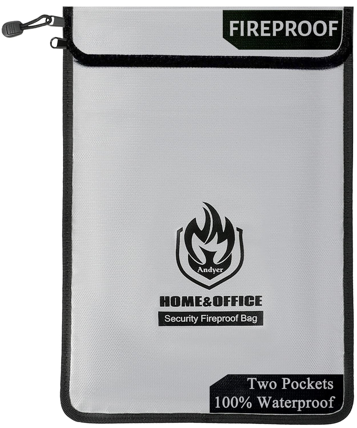 andyer vista frontal de la bolsa ignífuga protege documentos accesibles