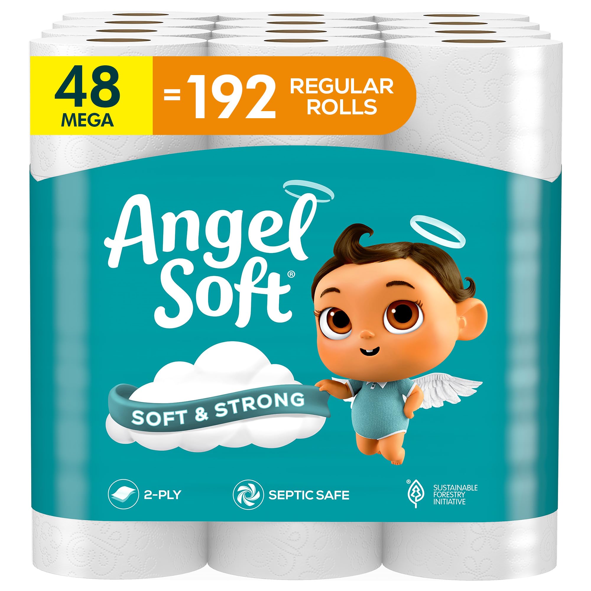 Angel Soft frente del empaque mostrando 48 rollos y ahorro
