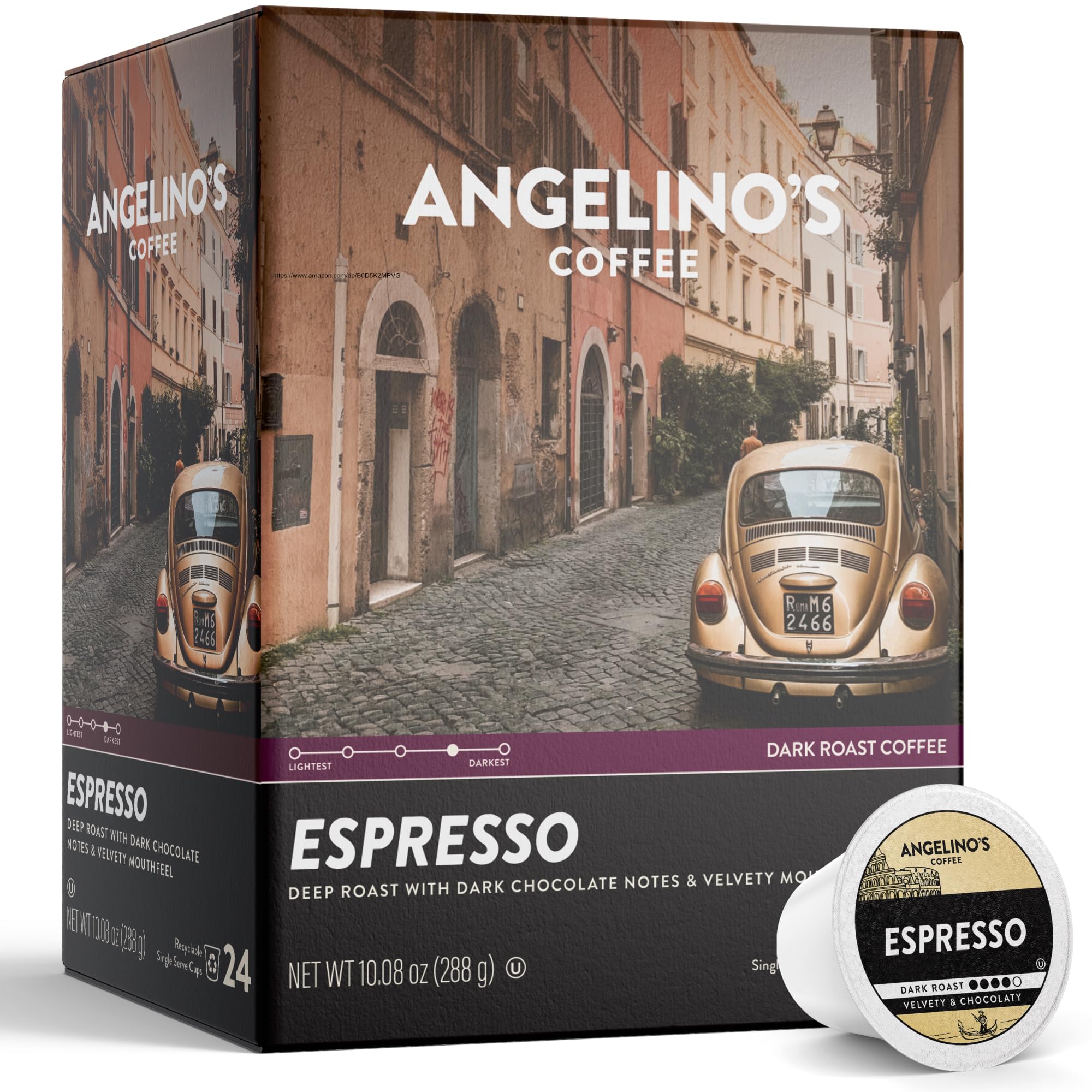 Angelino's Coffee caja frontal mostrando 24 cápsulas y beneficio de conveniencia