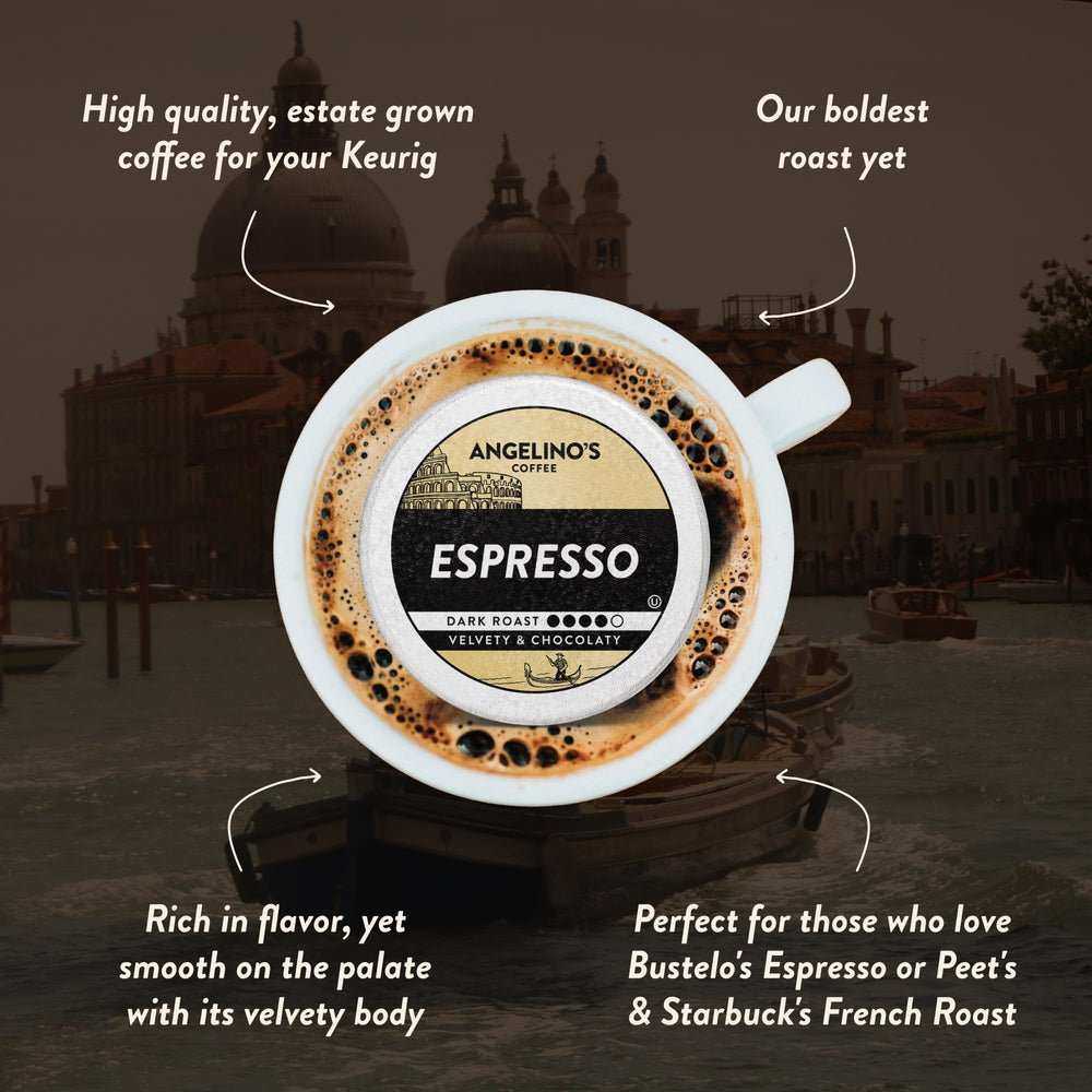 Angelino's Coffee cápsula insertada en Keurig ilustrando uso rápido y sencillo