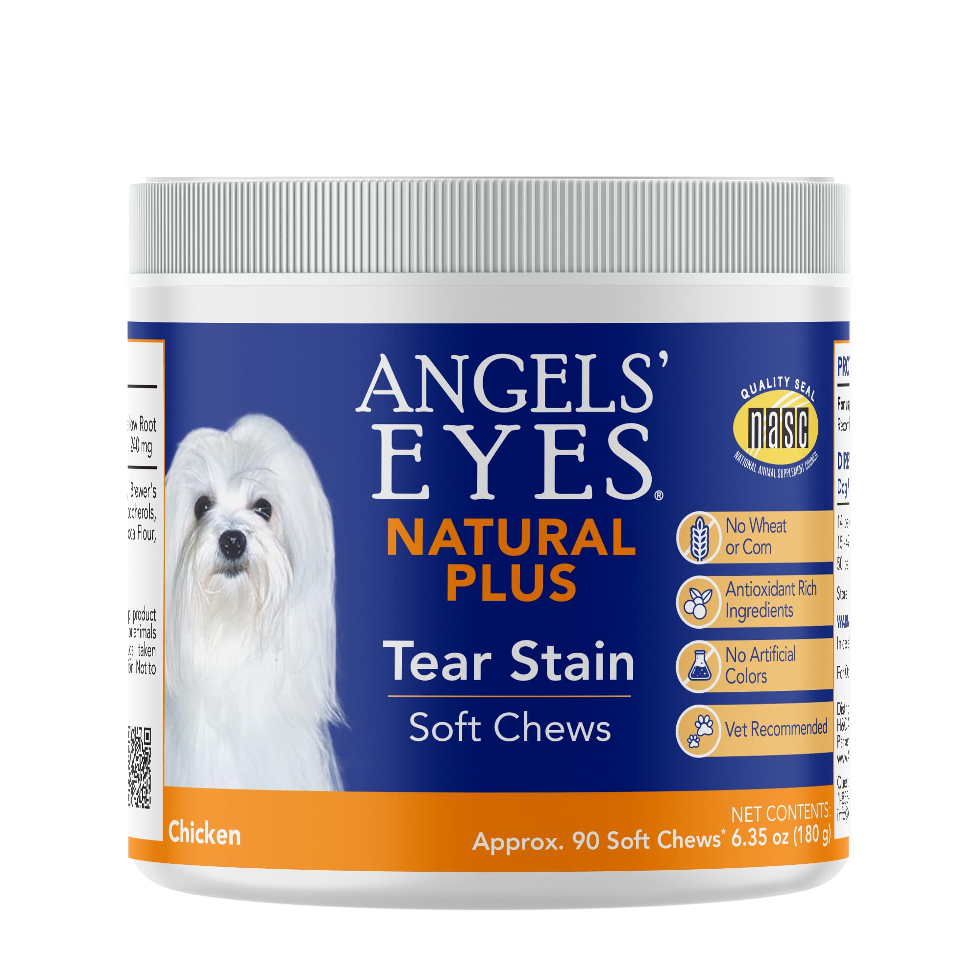Angels' Eyes empaque frontal mostrando 90 masticables y beneficios