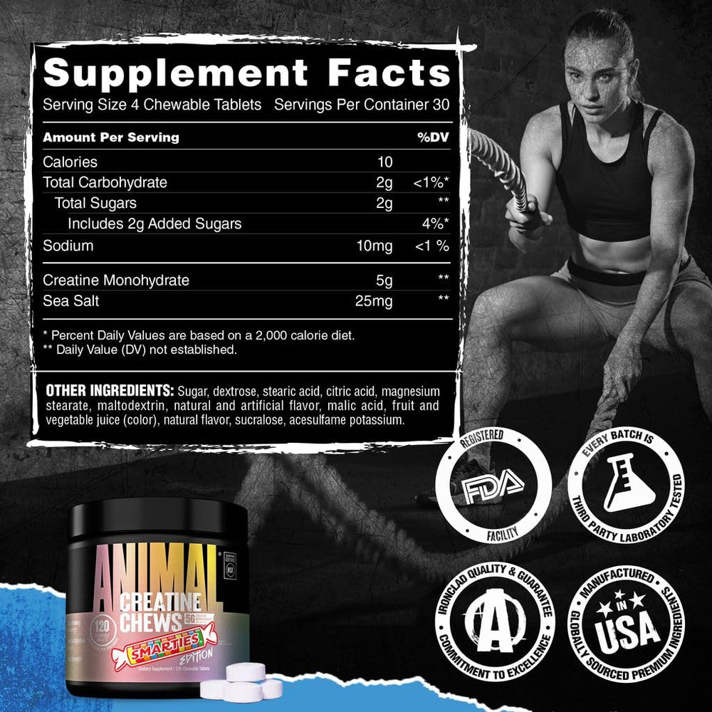 Animal creatine chews envase abierto con tabletas listas para llevar