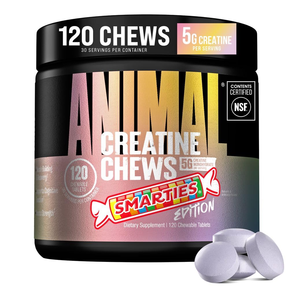 Animal creatine chews vista frontal del envase, portátil y conveniente