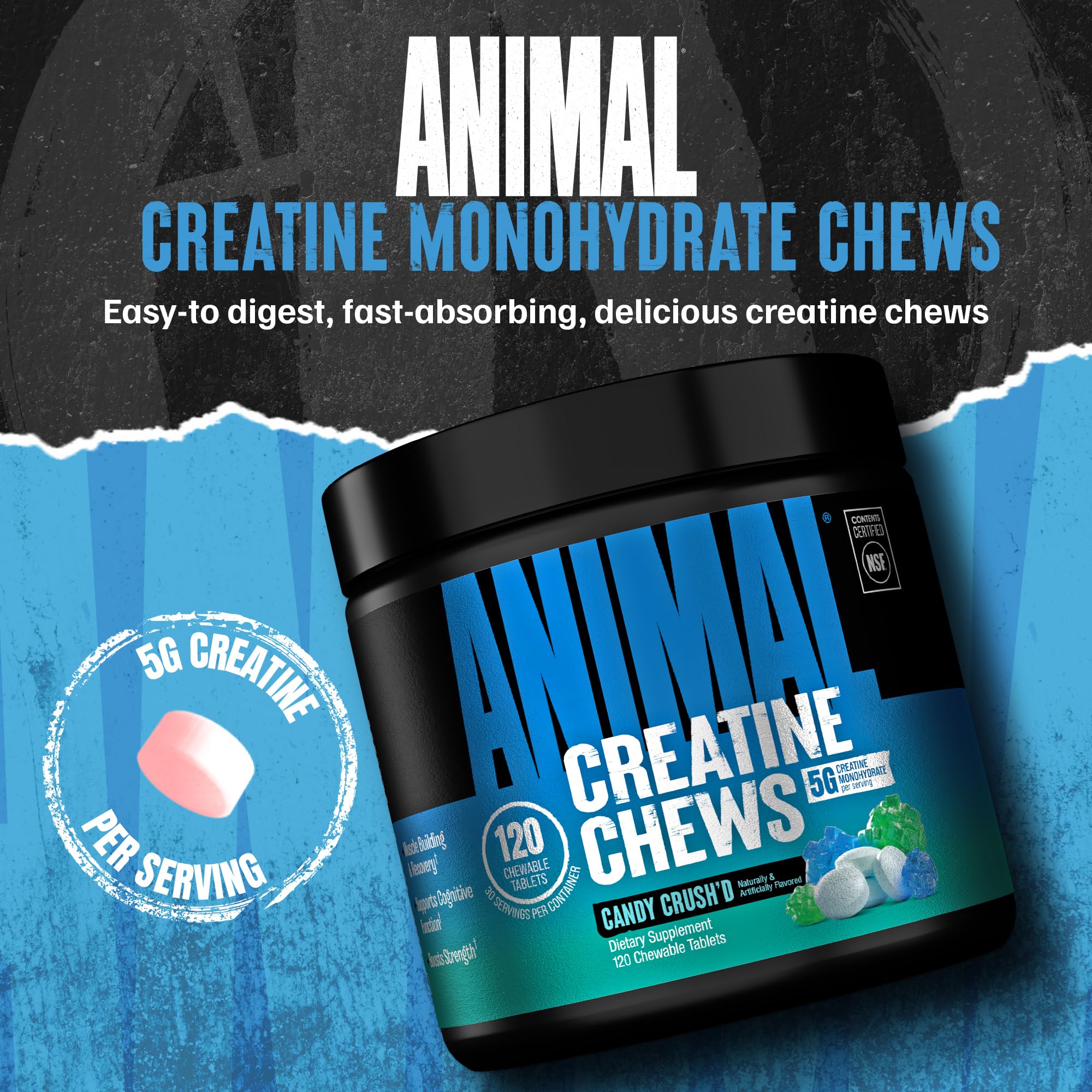 Animal masticables Candy Crush'd en primer plano, sabor agradable y dosificación clara
