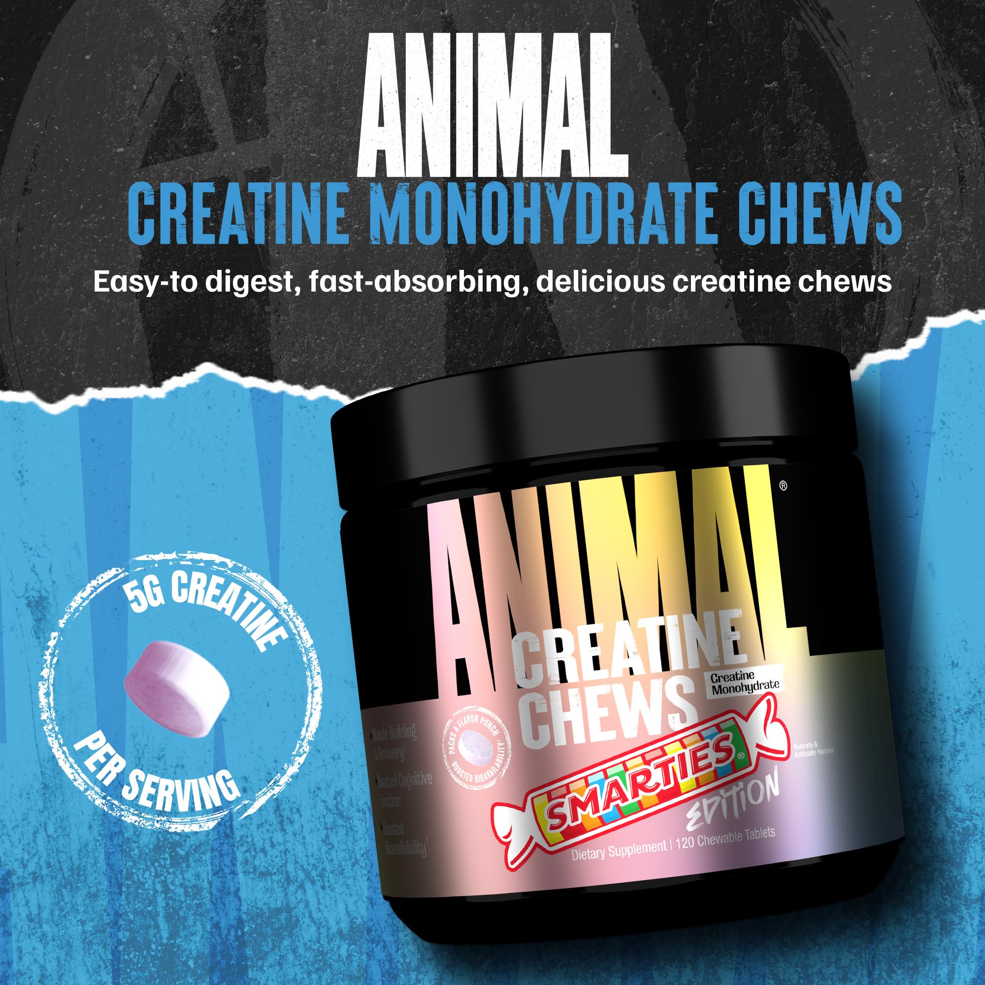Animal creatine chews primer plano de las tabletas mostrando el tamaño