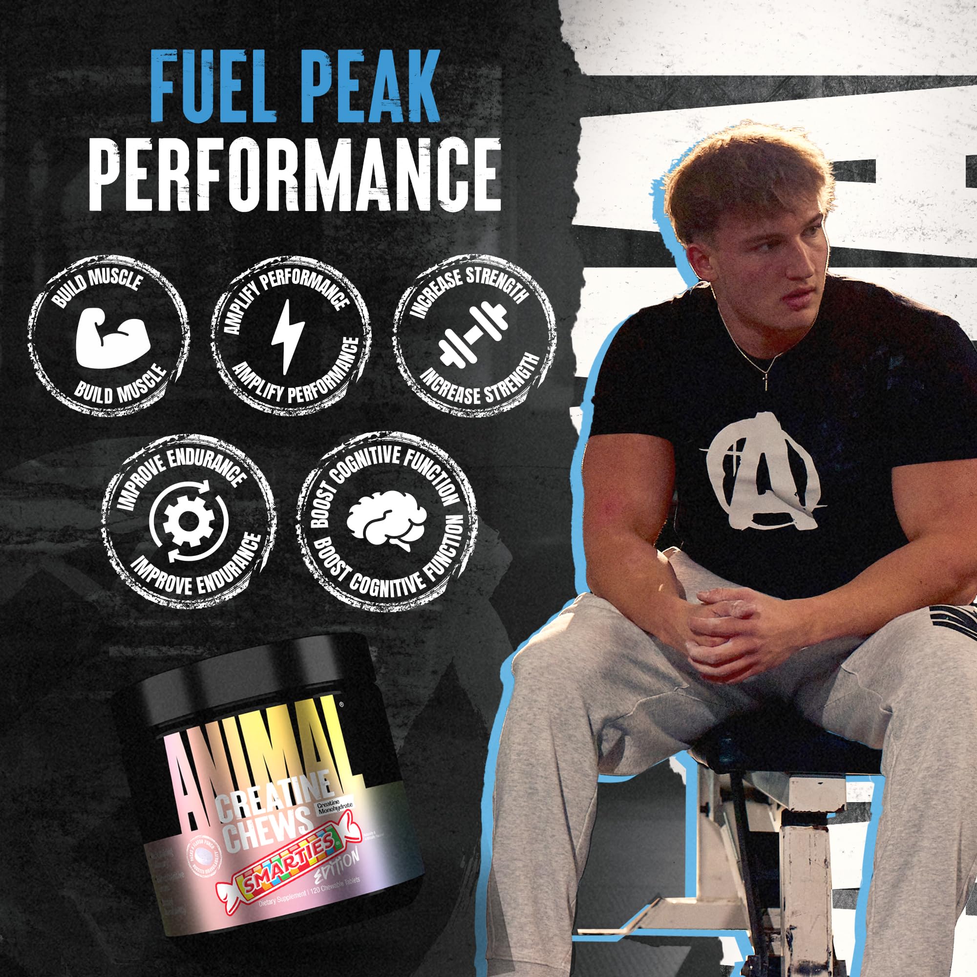 Animal creatine chews textura masticable resaltando sabor sweet‑tart