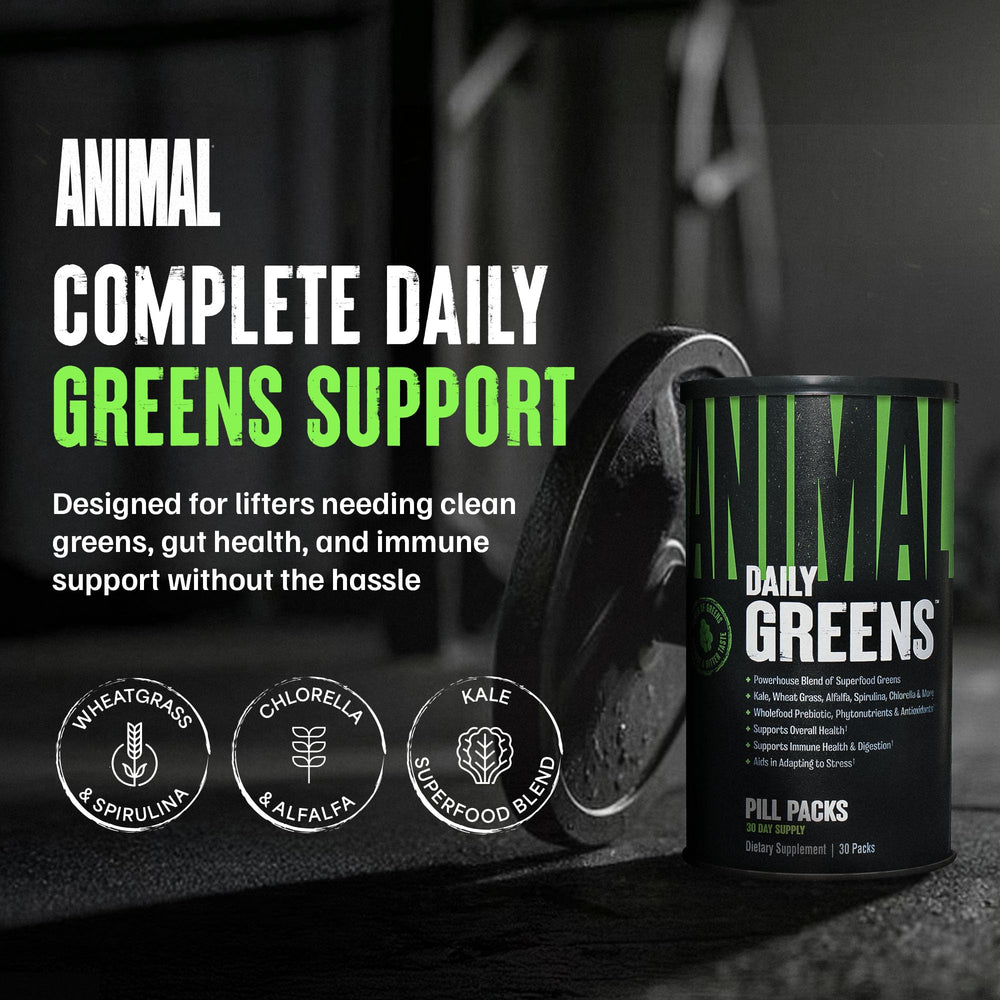Animal Daily Greens sobre abierto mostrando cápsulas y tabletas para fácil consumo