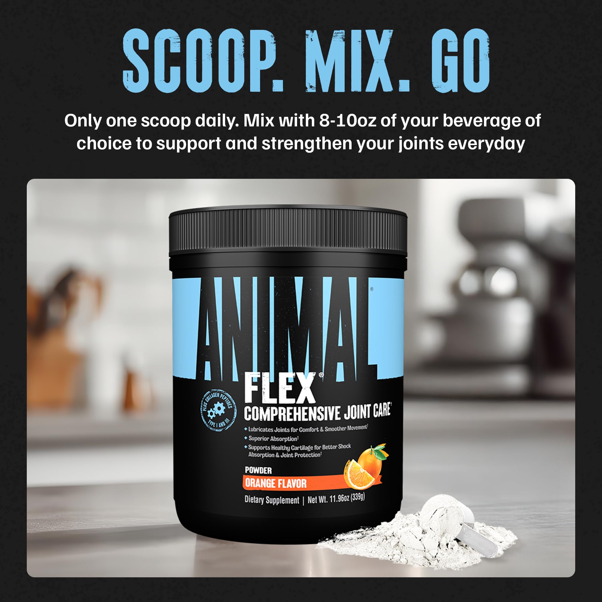Animal Flex close-up de la etiqueta con lista de ingredientes clave, demostrando transparencia y calidad