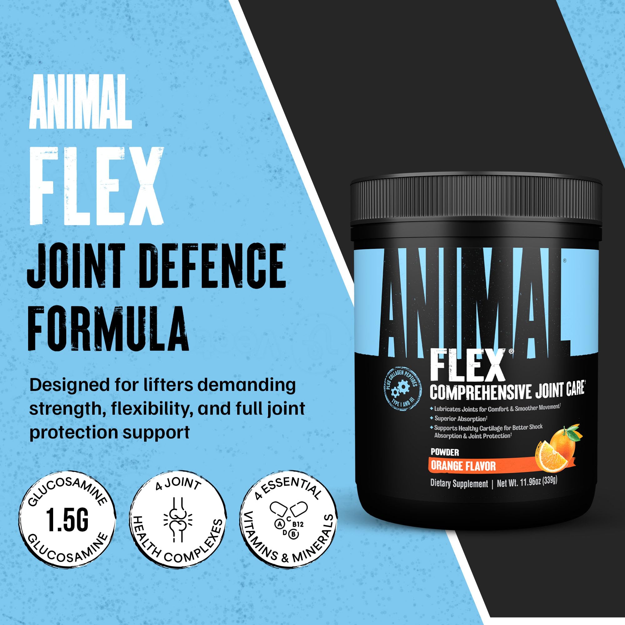 Animal Flex detalle del polvo naranja para apreciar textura y facilidad de mezcla importante para uso diario