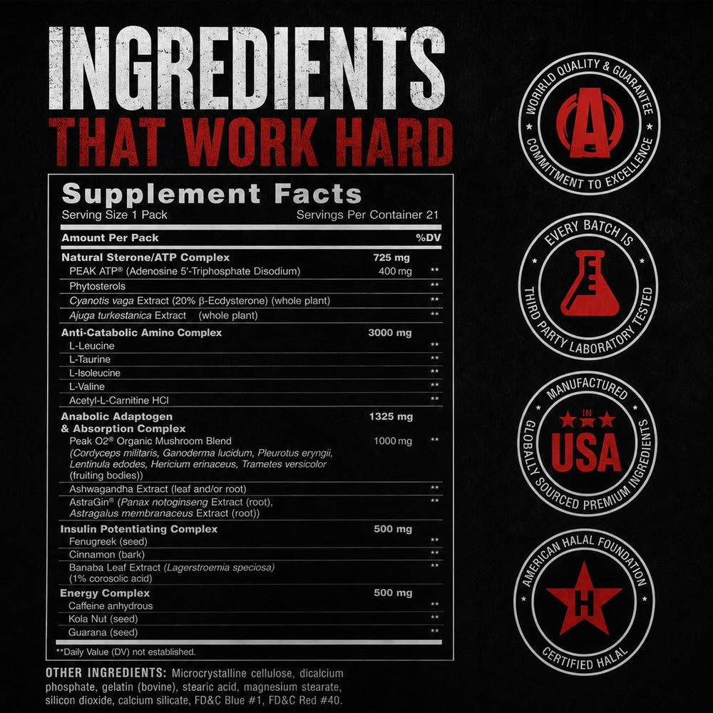 Animal M‑Stak etiqueta con información de ingredientes y control de calidad