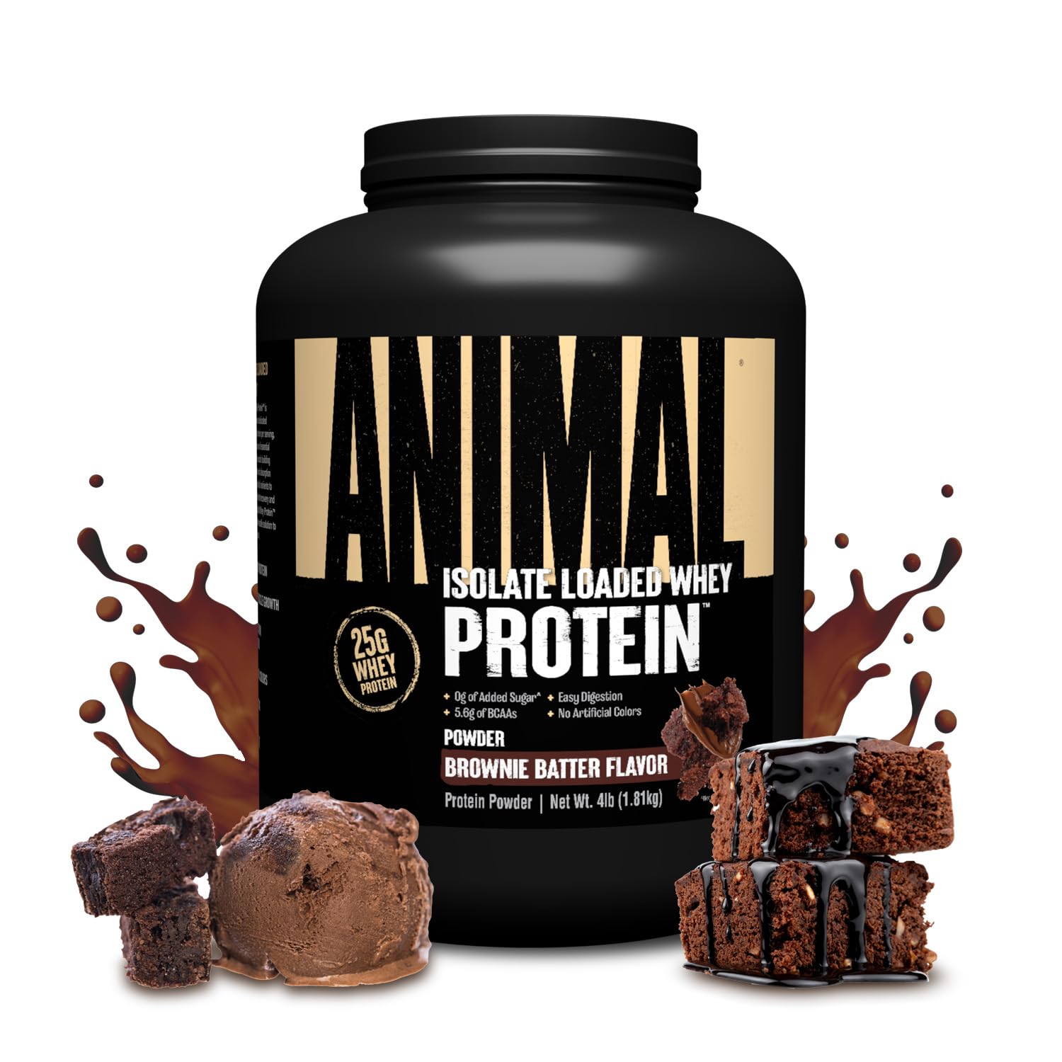 Animal Whey frente del empaque Brownie Batter mostrando el tamaño y la marca