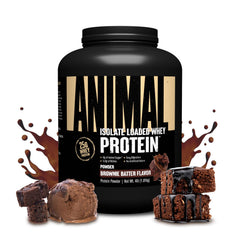 Animal Whey frente del empaque Brownie Batter mostrando el tamaño y la marca