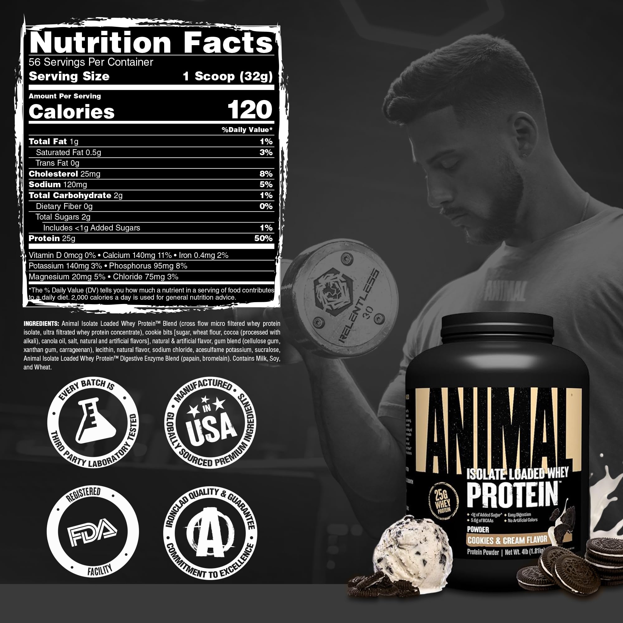 Detalle de ingredientes y enzimas en Animal Whey Isolate destacando digestión mejorada