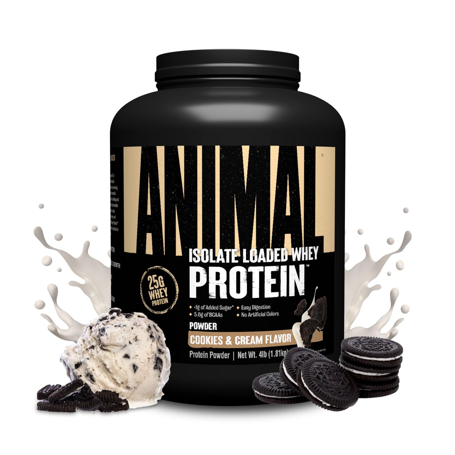 Animal Whey Isolate envase frontal mostrando 4 lb y sabor Cookies & Cream beneficios visuales
