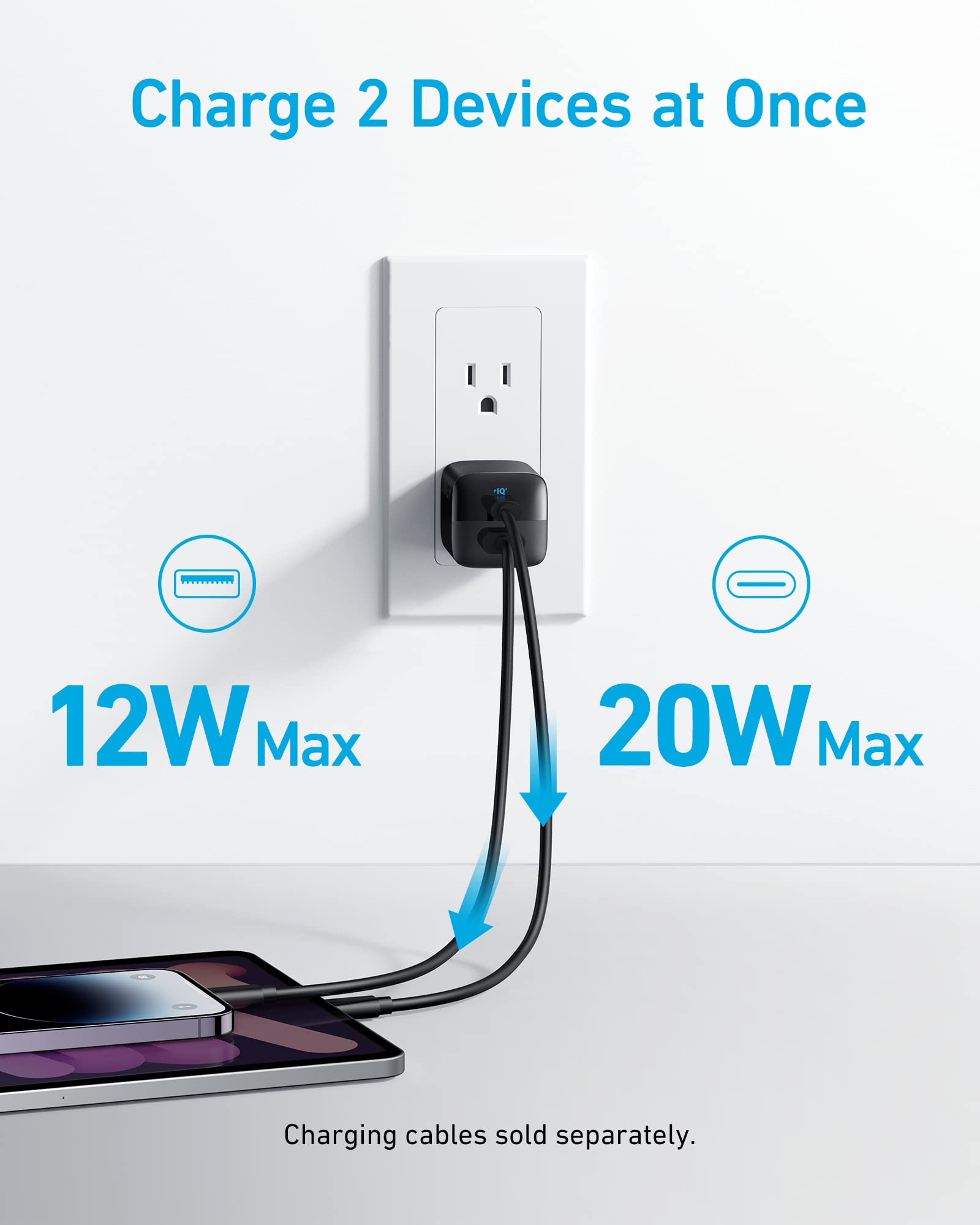 Anker 33W cargando un smartphone, demostrando carga rápida y simultánea